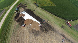 The wood chip bioreactor is 20’ wide x 100’ long x 4’ deep. Photo Credit: ISU Northwest Research and Demonstration Farm.